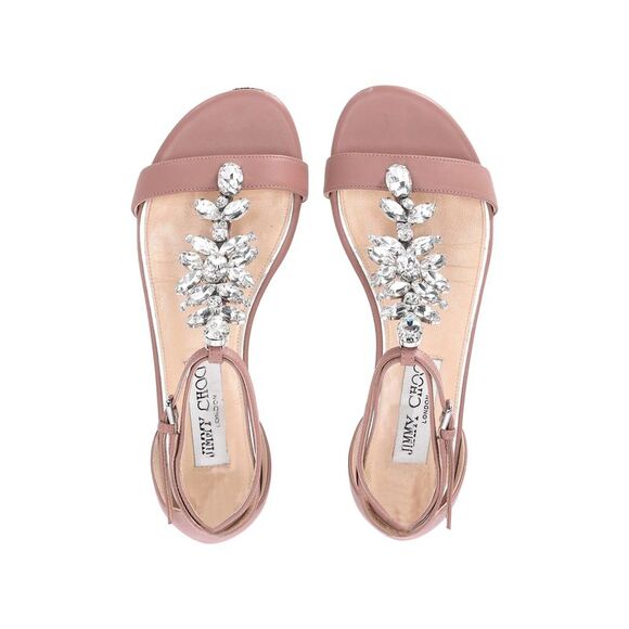 Jimmy Choo Crystal Embellished T-strap Flat Sandals in Pink Leather - Picture 5 of 8